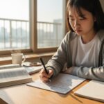 학생이 학습 계획표를 보고 펜으로 체크하는 모습
