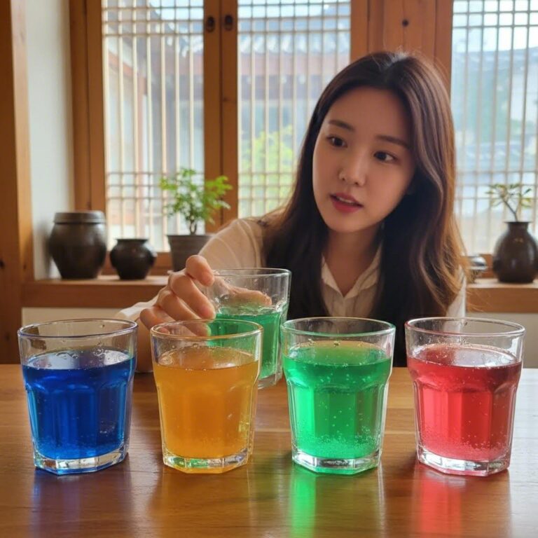 다른 색으로 물들인 설탕물이 담긴 네 개의 유리컵