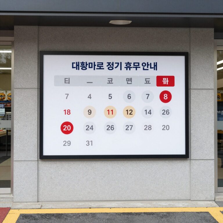 대형마트 정기 휴무일 안내판이 붙어 있는 마트 입구 모습
