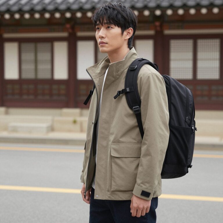 야상 자켓과 백팩을 매치한 세련된 도시 여행 스타일