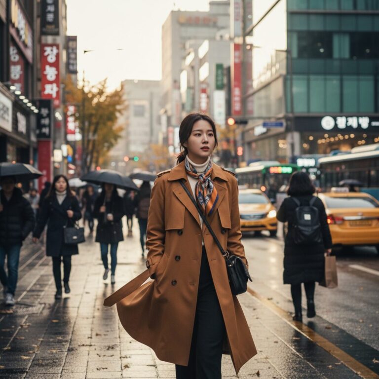여성이 브라운 트렌치코트를 걸치고 거리를 걷는 모습