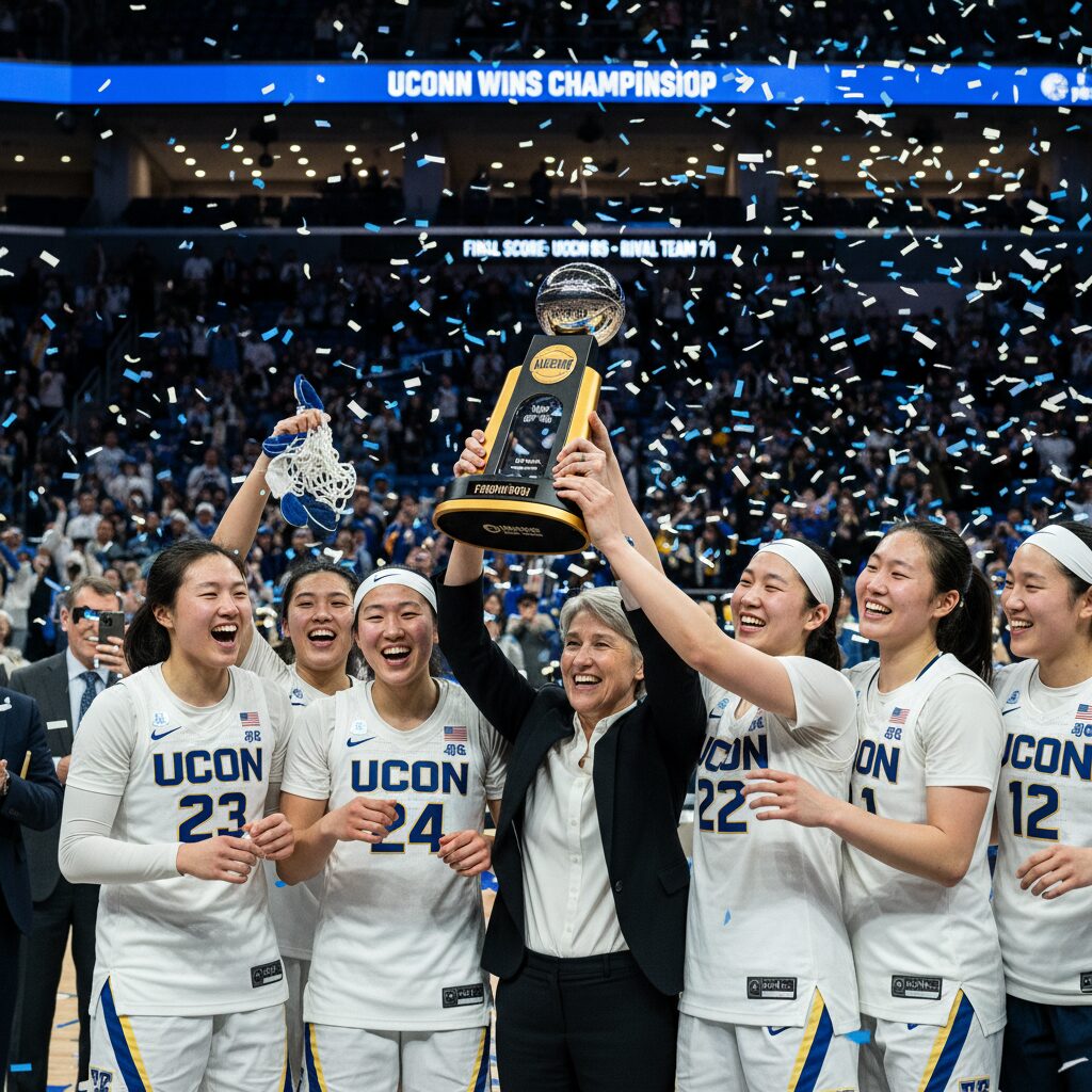 UConn 여자 농구팀이 2025년 3월의 광란 결승전에서 우승 트로피를 들어 올리는 모습