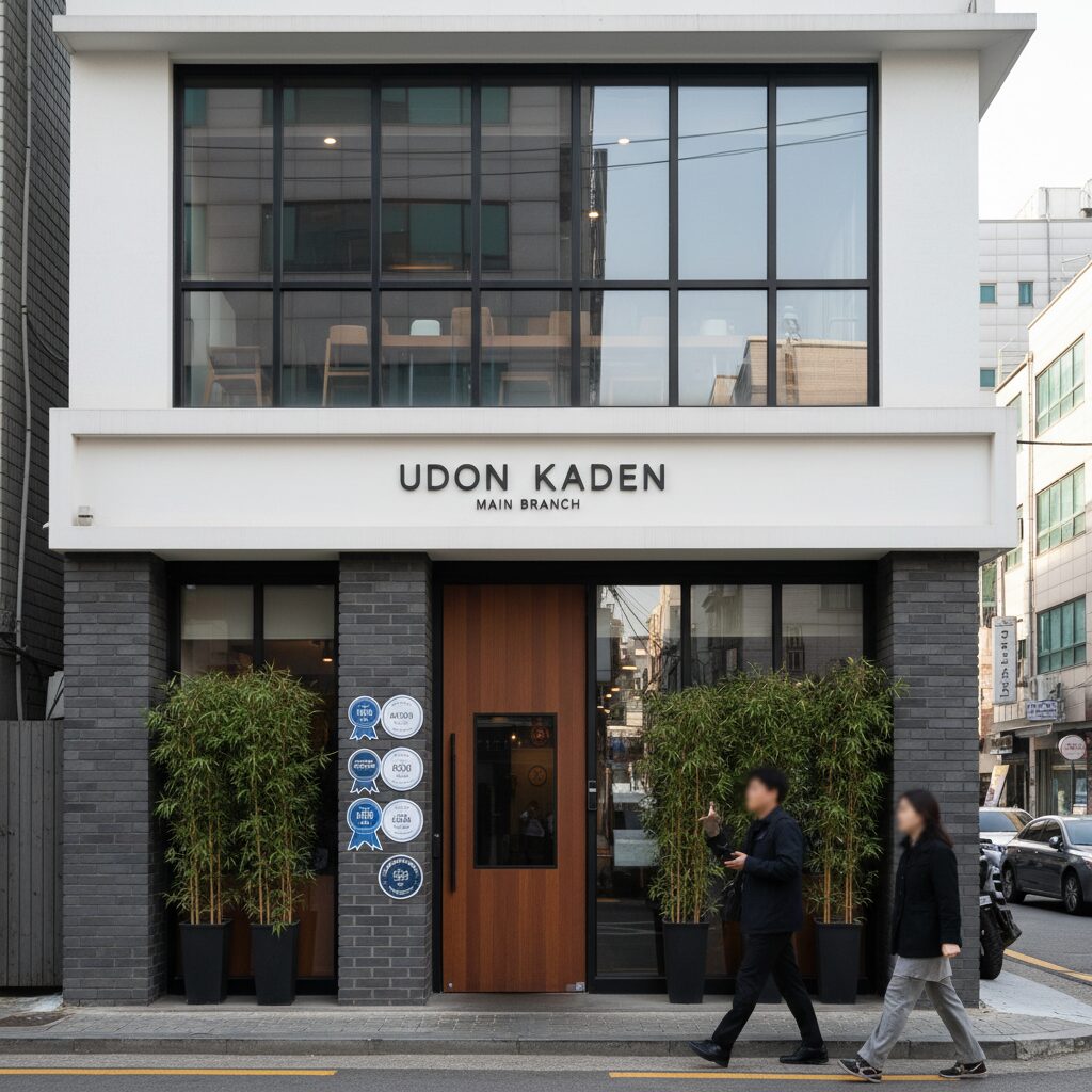 연희동 우동카덴 본점 외관과 입구에 붙은 블루리본 스티커들