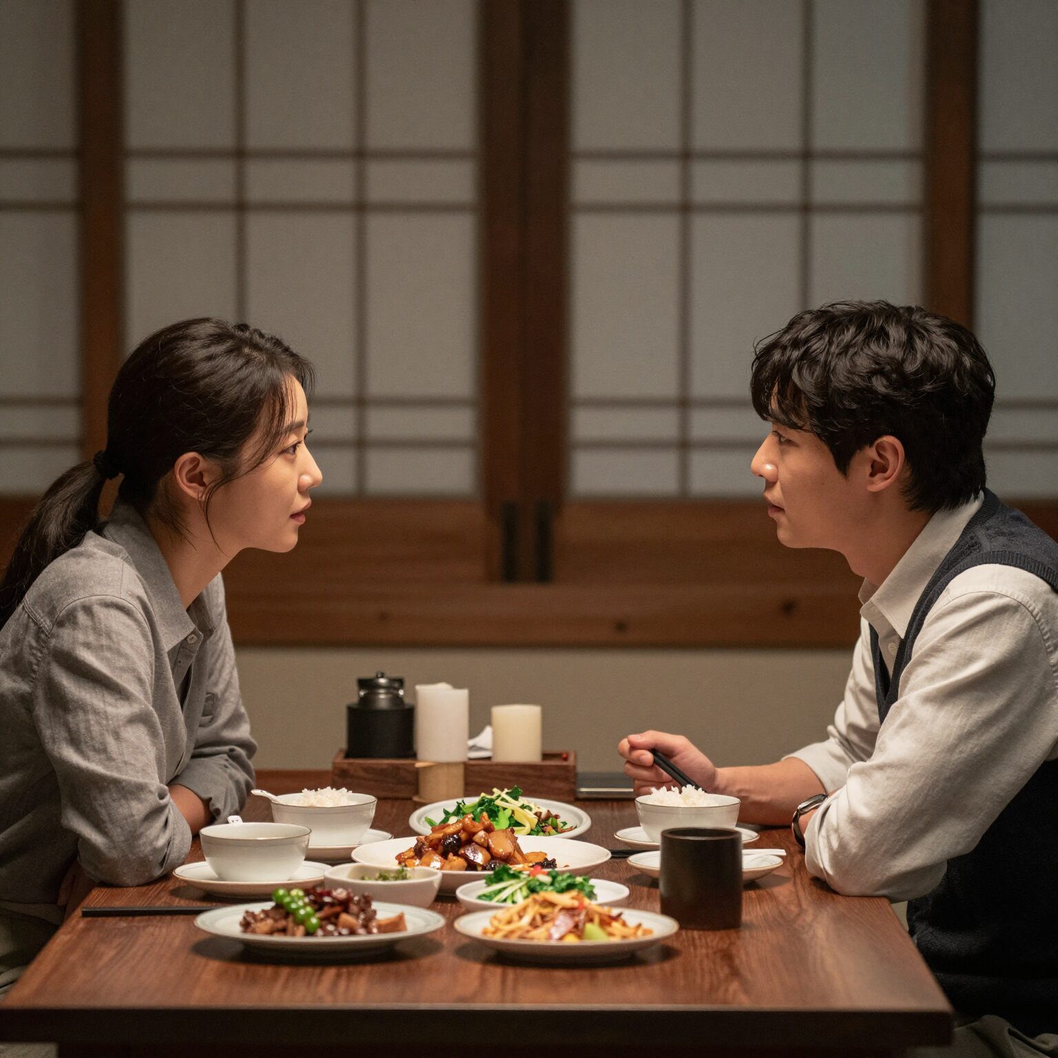 윗집 사람들 영화에서 두 부부가 식탁에 마주 앉아 대화하는 장면