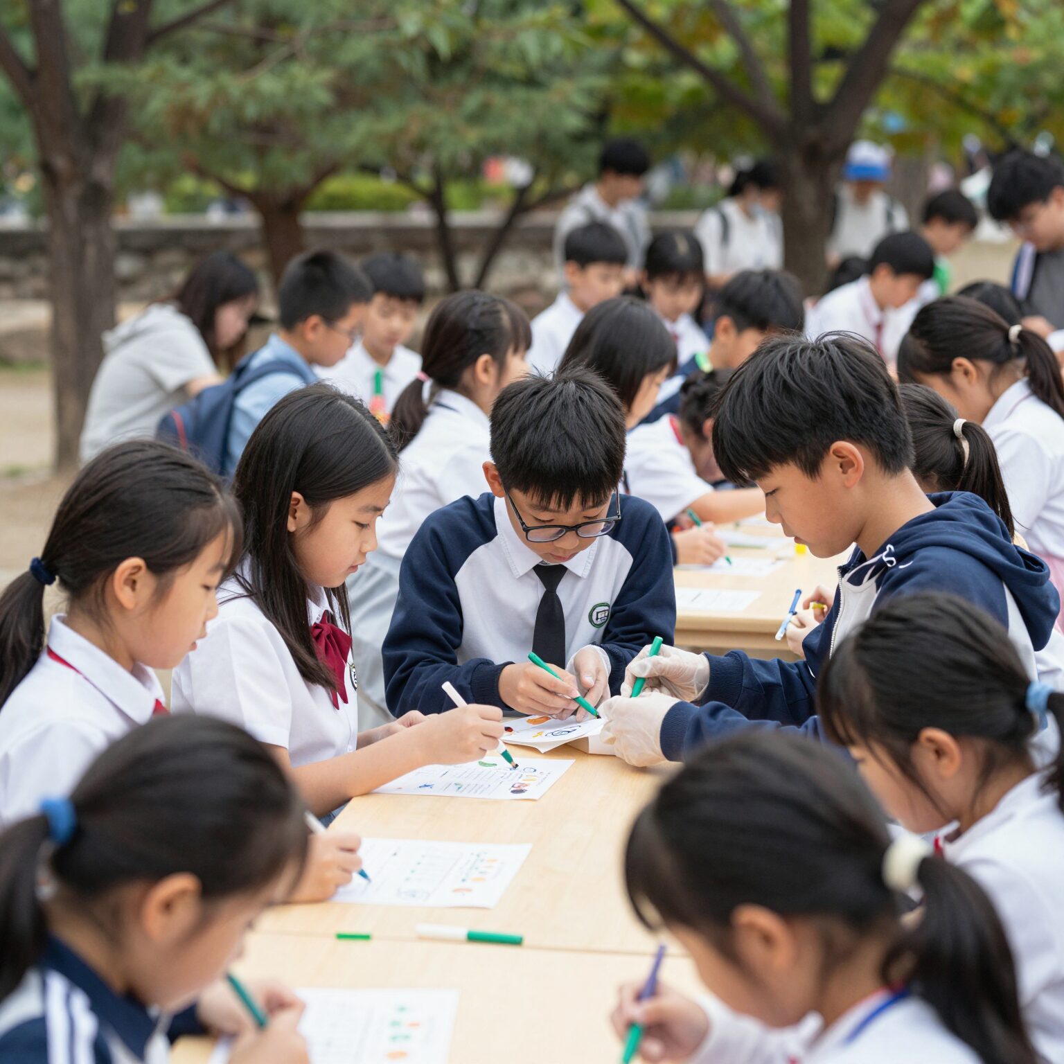 공원 축제에서 테이블 정리 봉사를 하는 중학생