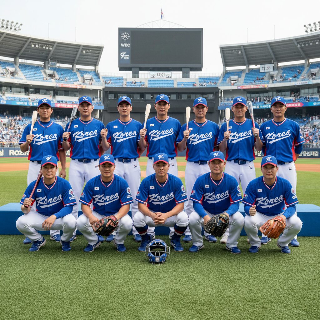 2026 WBC 한국 야구 국가대표팀 선수들이 유니폼을 입고 포즈를 취한 단체 사진