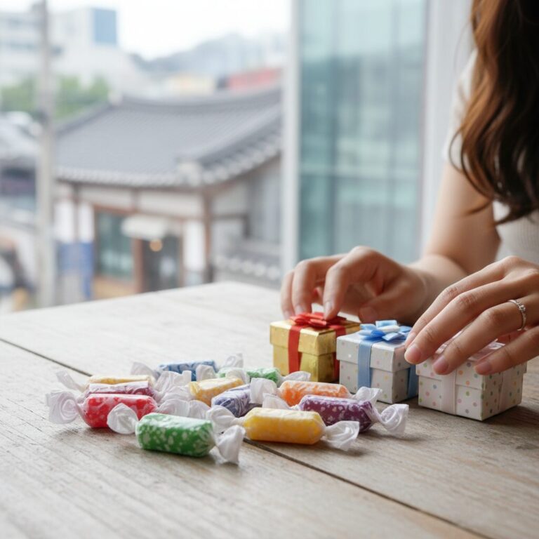 하얀 포장지에 싸인 다양한 색깔의 사탕과 작은 선물상자가 나란히 놓여 있다