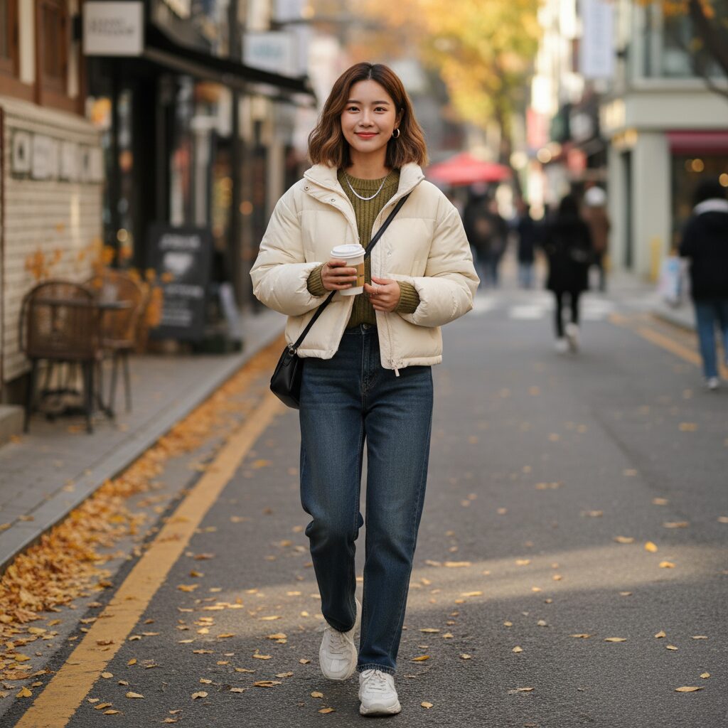 여성 숏패딩 자켓으로 스타일링한 데일리 룩 예시