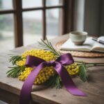 세계 여성의 날을 상징하는 보라색 리본과 노란 미모사 꽃