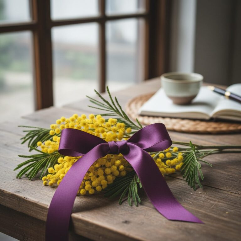 세계 여성의 날을 상징하는 보라색 리본과 노란 미모사 꽃
