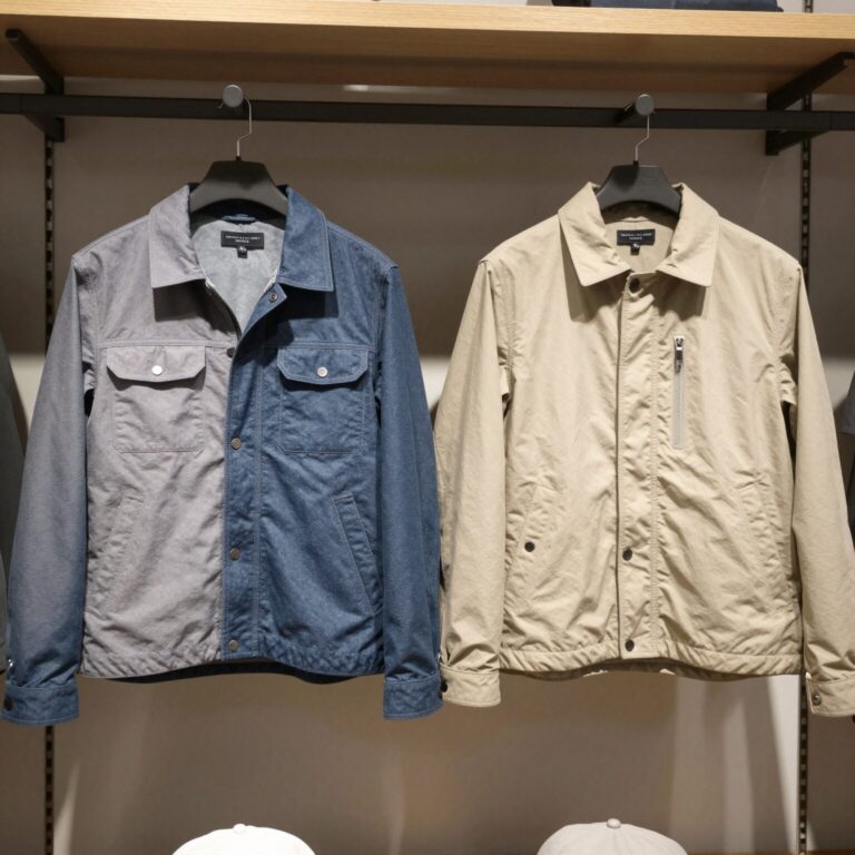 두 가지 다른 소재의 워크자켓이 매장 레일 위에 걸려 있는 모습
