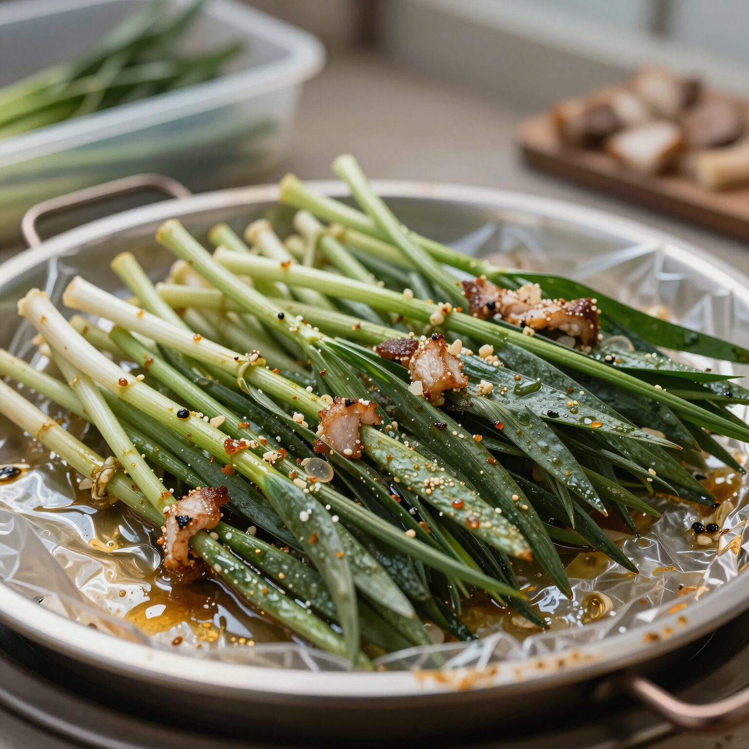 비닐하우스 안에서 구워지는 미나리와 삼겹살