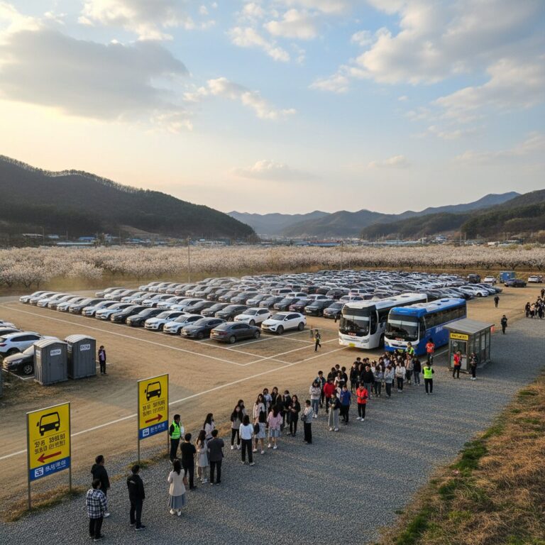양산 원동매화축제 임시 주차장과 셔틀버스 승강장 모습