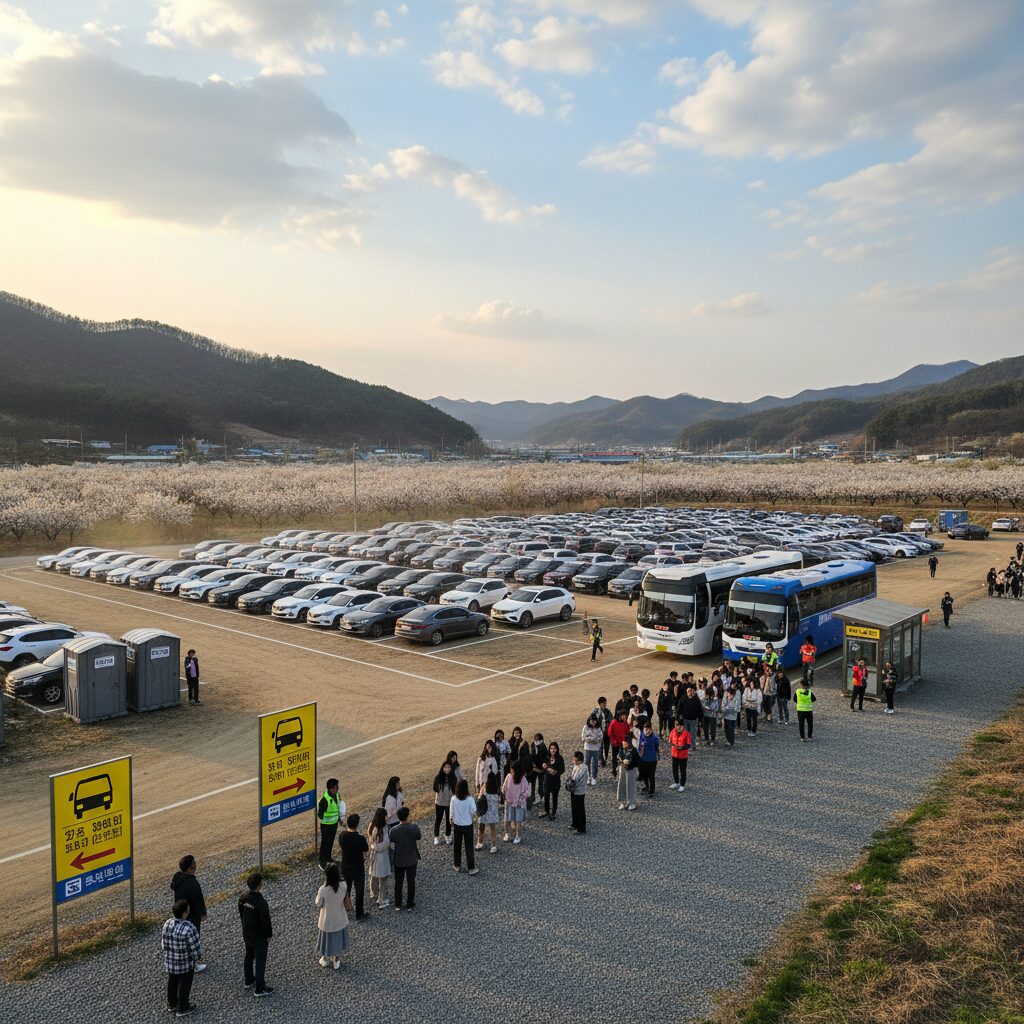 양산 원동매화축제 임시 주차장과 셔틀버스 승강장 모습