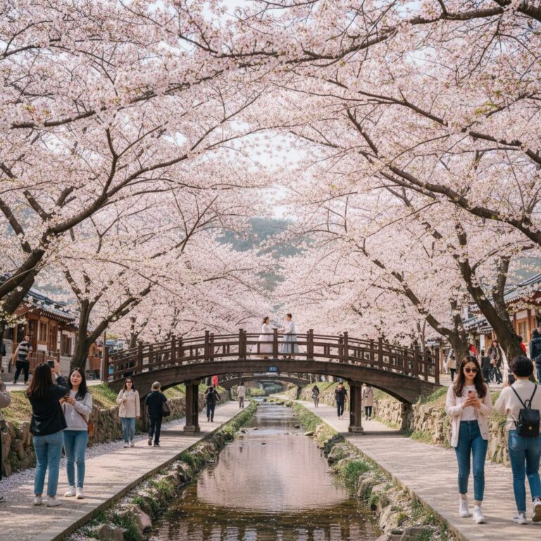 진해 여좌천 벚꽃 터널과 로망스다리 풍경
