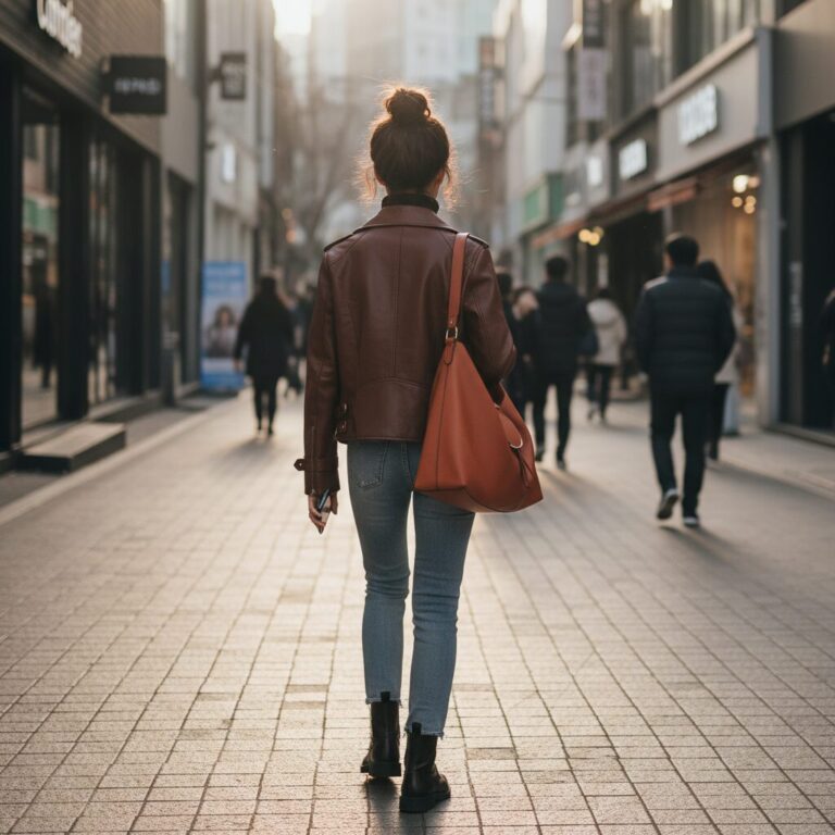 자라 브라운 컬러 라이더 자켓을 입은 여성의 뒷모습 스타일링