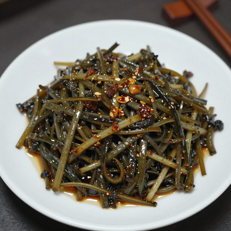 데친 오갈피순을 참기름과 간장으로 무친 나물 접시