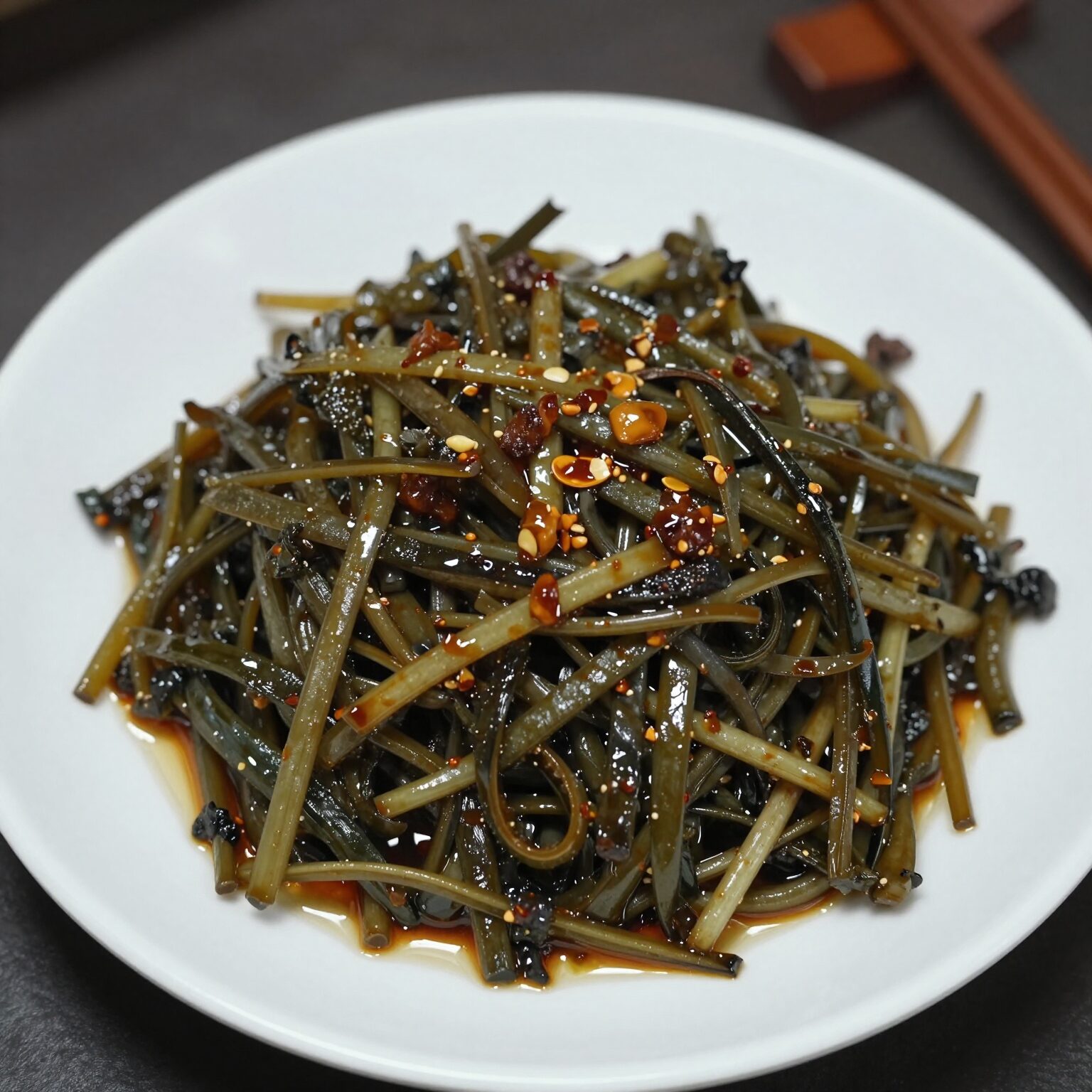 데친 오갈피순을 참기름과 간장으로 무친 나물 접시