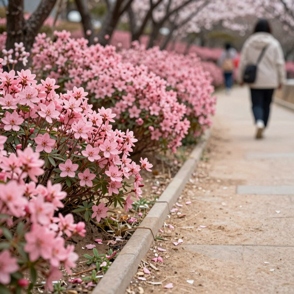 불암산 나비정원에 핀 분홍색 철쭉꽃과 산책로