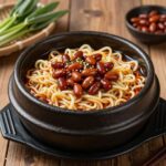 블랙데이 이벤트로 할인된 짜장면 한 그릇, 완두콩이 얹혀 있고 검은 그릇에 담겨 있다