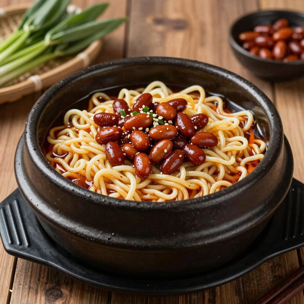 블랙데이 이벤트로 할인된 짜장면 한 그릇, 완두콩이 얹혀 있고 검은 그릇에 담겨 있다