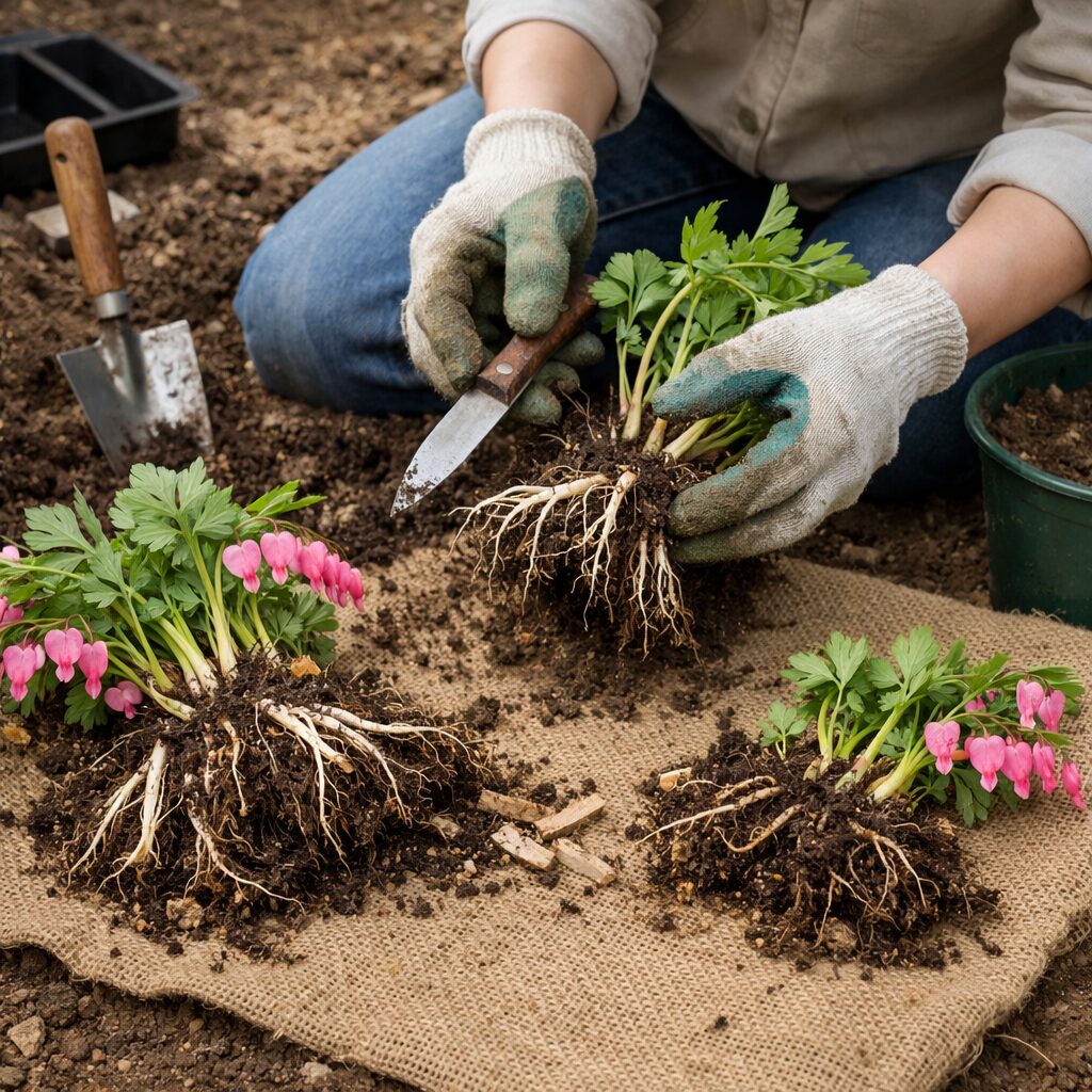 금낭화 포기나누기 방법으로 뿌리를 나누는 과정