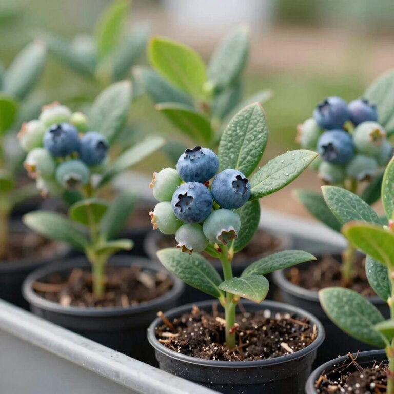 베란다 화분에서 자라는 건강한 블루베리 묘목과 익어가는 열매