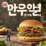 버거킹 만우절 행사 포스터와 와퍼 햄버거 사진