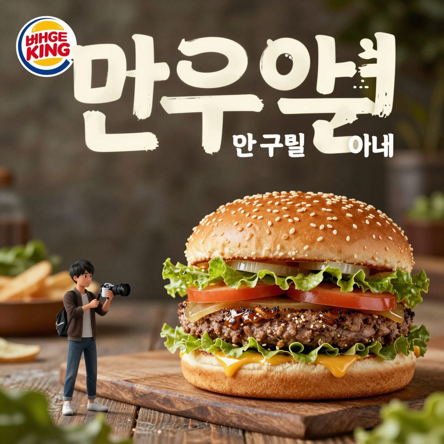 버거킹 만우절 행사 포스터와 와퍼 햄버거 사진