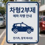 2026년 공공기관 차량 2부제 시행 내용과 예외 기준 차량 2부제 예외 차량 안내 표지판과 전기차, 장애인 표시가 된 차량 이미지