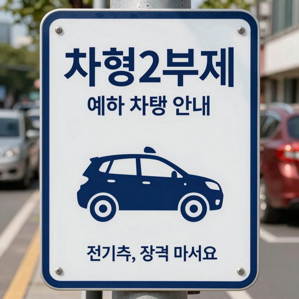 차량 2부제 예외 차량 안내 표지판과 전기차, 장애인 표시가 된 차량 이미지