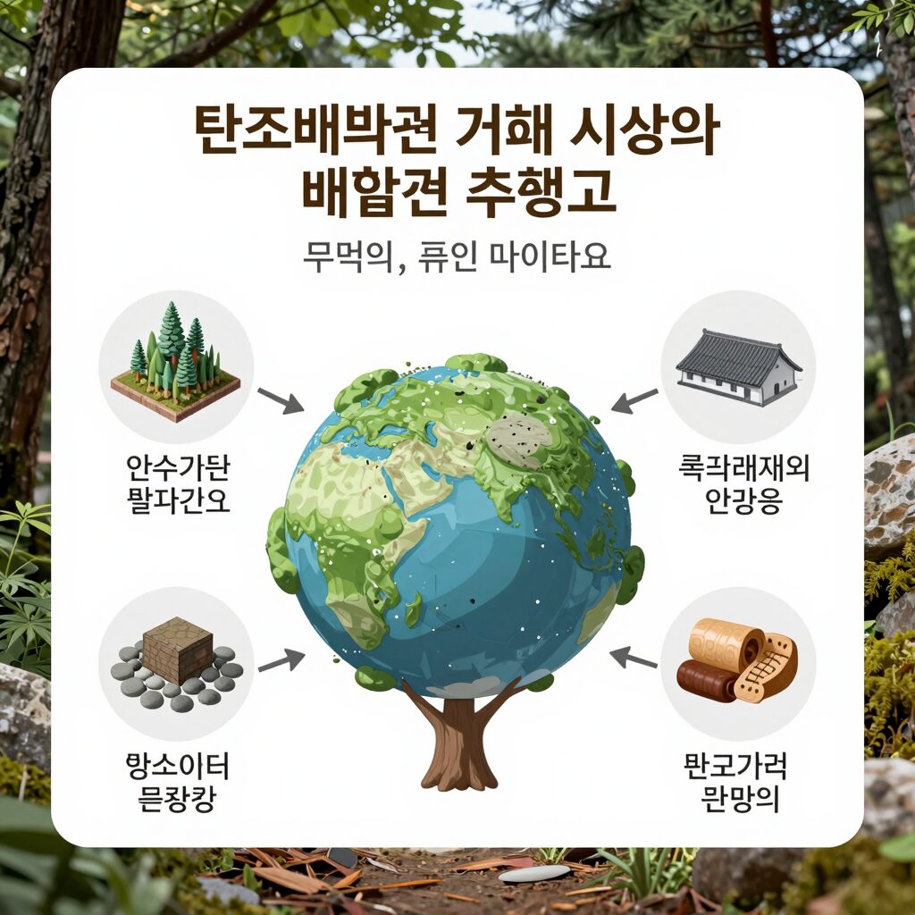 탄소배출권 거래 시장에서의 배출권 흐름을 보여주는 다이어그램, 할당, 감축, 거래, 상쇄 과정을 화살표로 표시