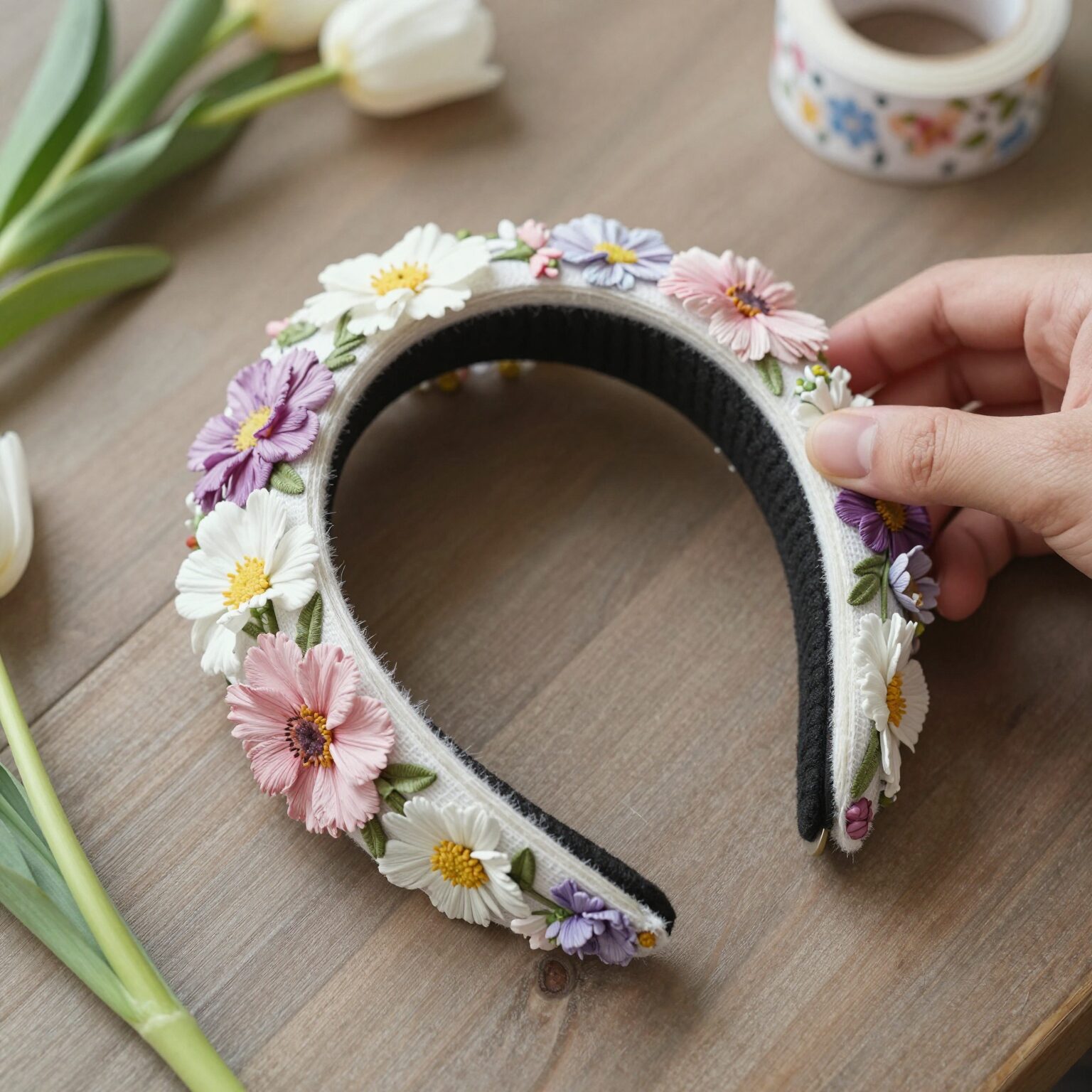 카네이션과 리본, 플로럴 테이프 등 재료가 테이블 위에 놓여 있고, 손으로 꽃대를 플로럴 테이프로 감싸고 있는 과정