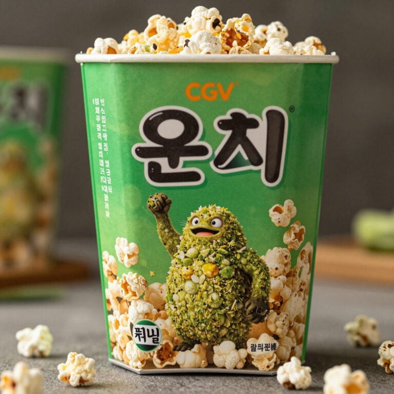 CGV에서 판매하는 초록색 요시 팝콘통 실물 사진, 요시가 커다란 알을 안고 있는 모습