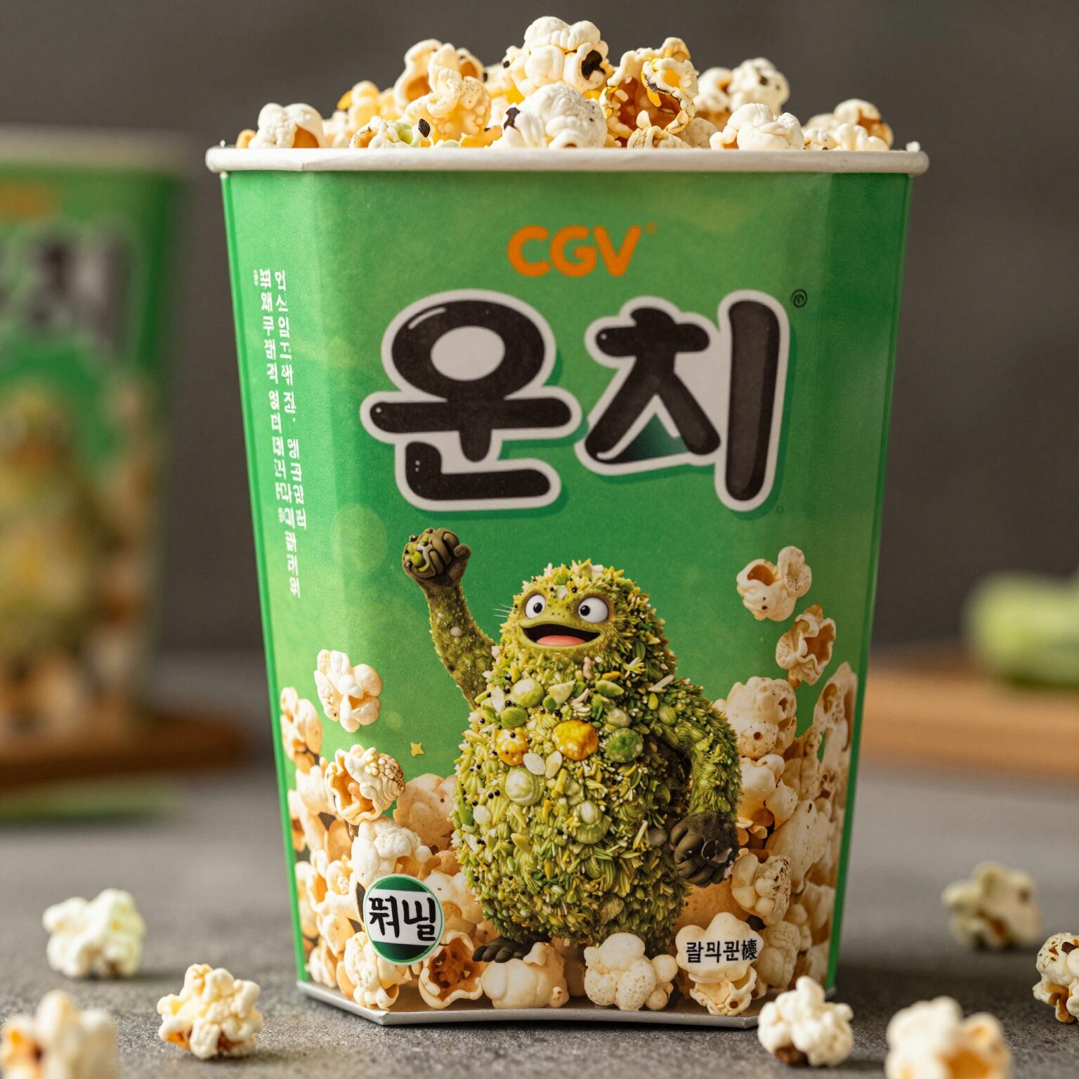 CGV에서 판매하는 초록색 요시 팝콘통 실물 사진, 요시가 커다란 알을 안고 있는 모습