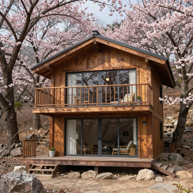 계명산자연휴양림 철쭉나무 독립형 숙소 외관과 발코니 뷰