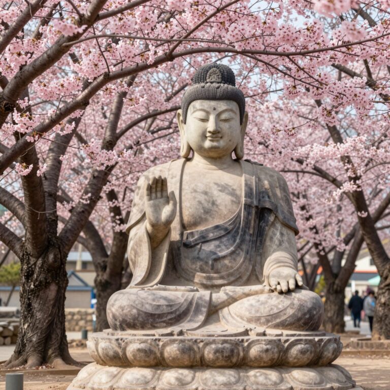 천안 각원사 청동대불 옆에 핀 화려한 핑크색 겹벚꽃 나무들