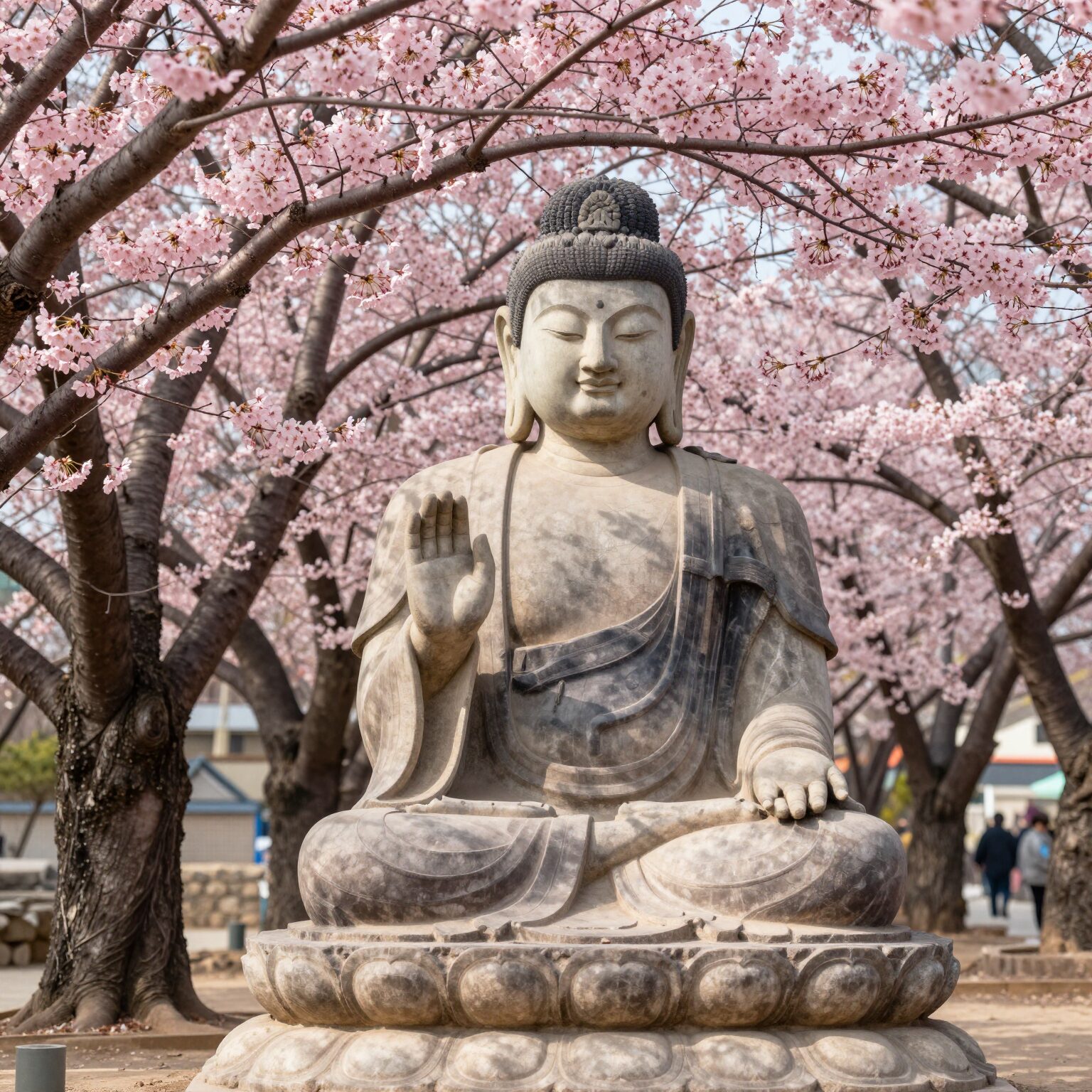 천안 각원사 청동대불 옆에 핀 화려한 핑크색 겹벚꽃 나무들