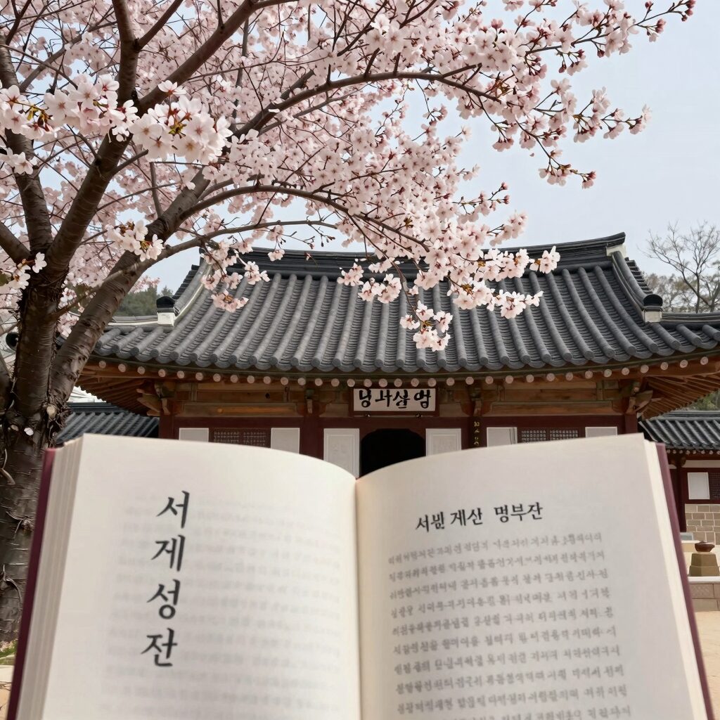 서산 개심사 명부전 앞에서 만개한 청벚꽃 나무와 사찰 전각의 조화로운 풍경