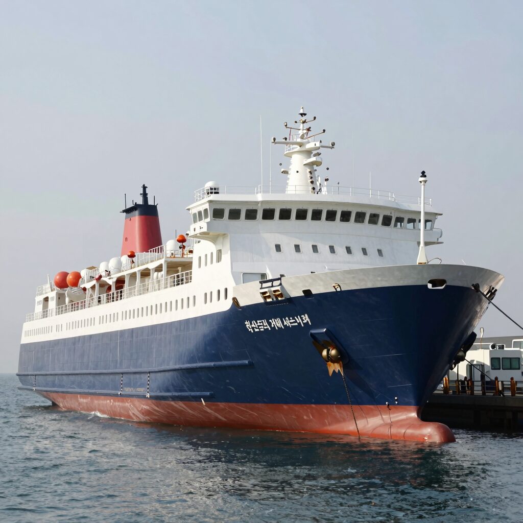 청산도항 여객선 터미널과 배가 정박해 있는 모습