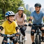 아이와 부모가 공원에서 안전장비를 착용하고 자전거를 타는 모습