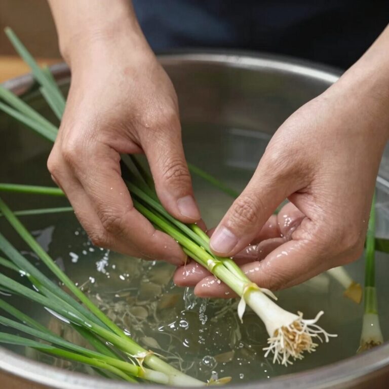 손질된 쑥부쟁이나물을 찬물에 헹구는 모습