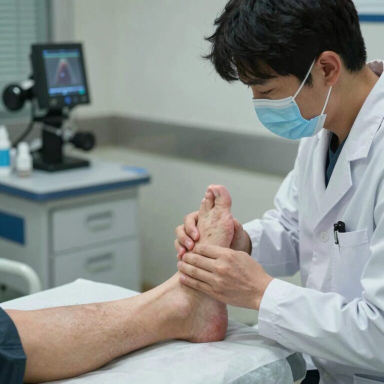 의사가 환자의 다리를 검진하며 급성 구획증후군을 진단하는 모습