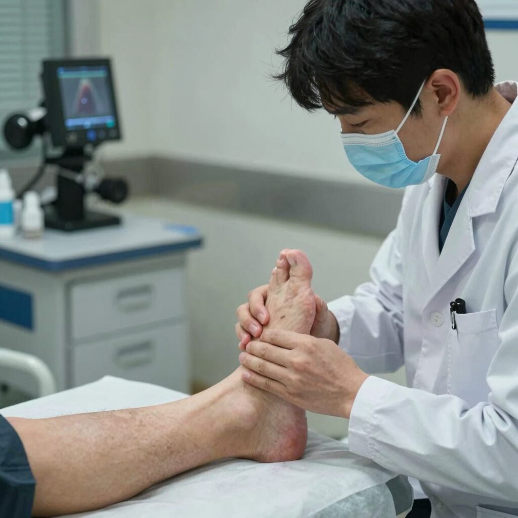 의사가 환자의 다리를 검진하며 급성 구획증후군을 진단하는 모습