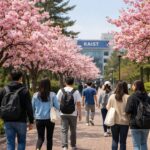 대전 겹벚꽃 명소와 꽃구경 계획 봄날 KAIST 캠퍼스 길가에 핀 분홍색 겹벚꽃 나무들과 걸어가는 학생들