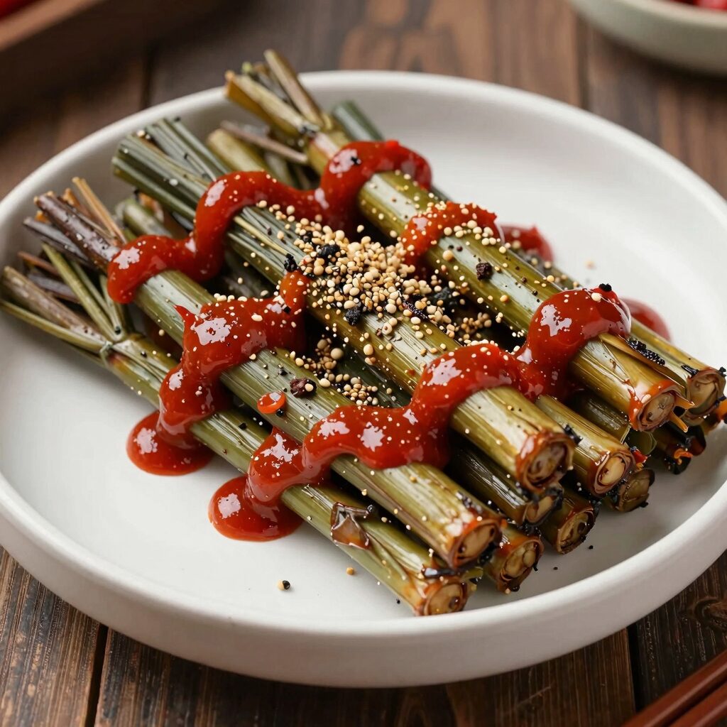 접시에 담긴 땅두릅무침, 고추장 양념이 골고루 버무려져 있으며 통깨가 뿌려져 있음