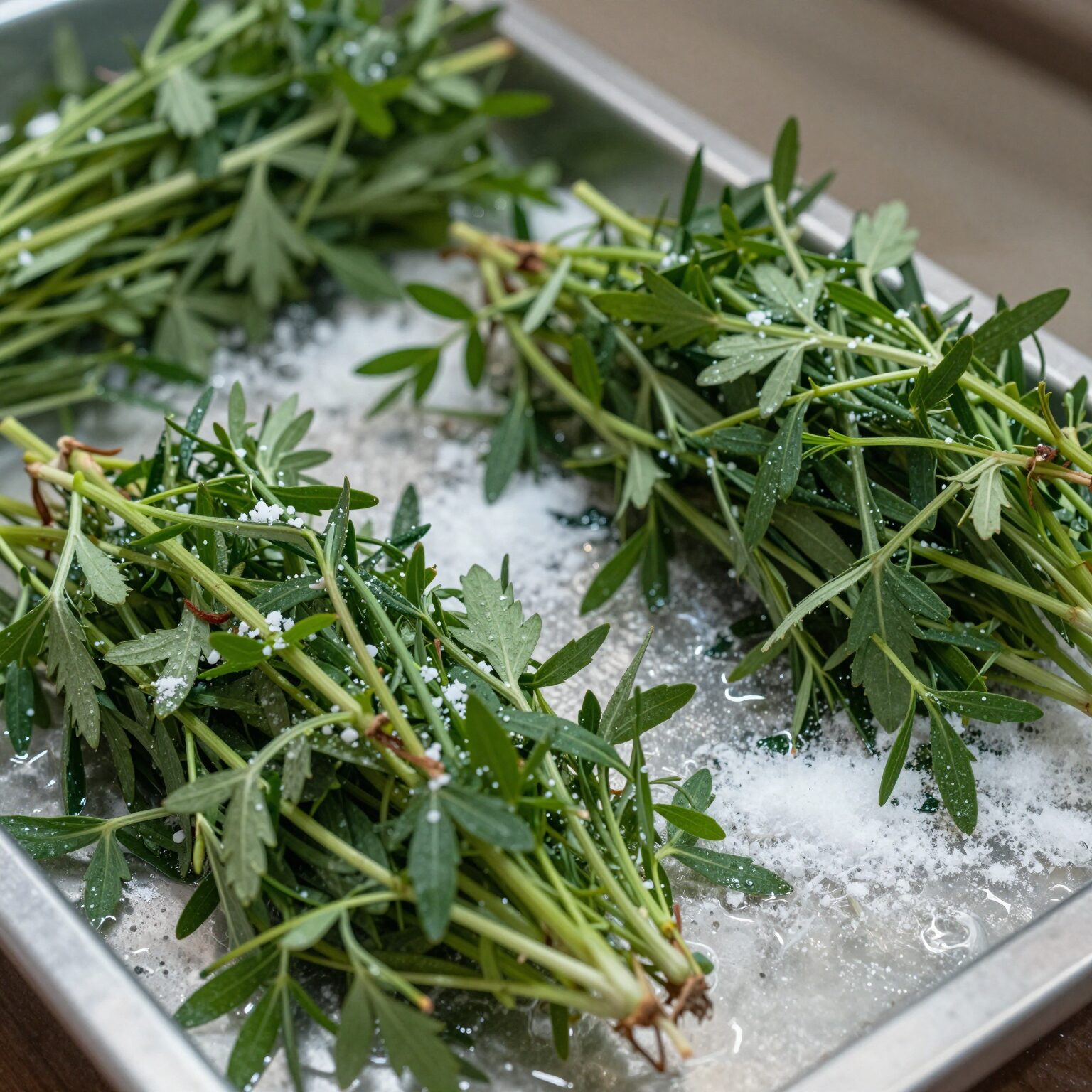 깨끗이 씻어 소금에 절인 민들레와 김치 양념 재료