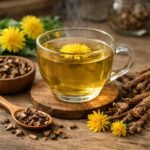 민들레꽃 효능과 건강한 활용법 잔에 담긴 따뜻한 민들레차와 말린 민들레 뿌리와 꽃