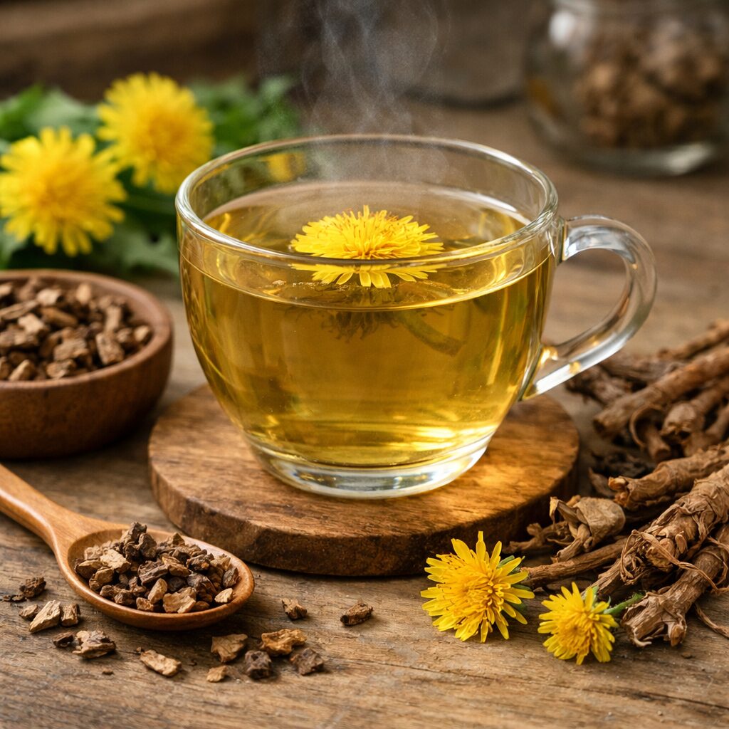 잔에 담긴 따뜻한 민들레차와 말린 민들레 뿌리와 꽃