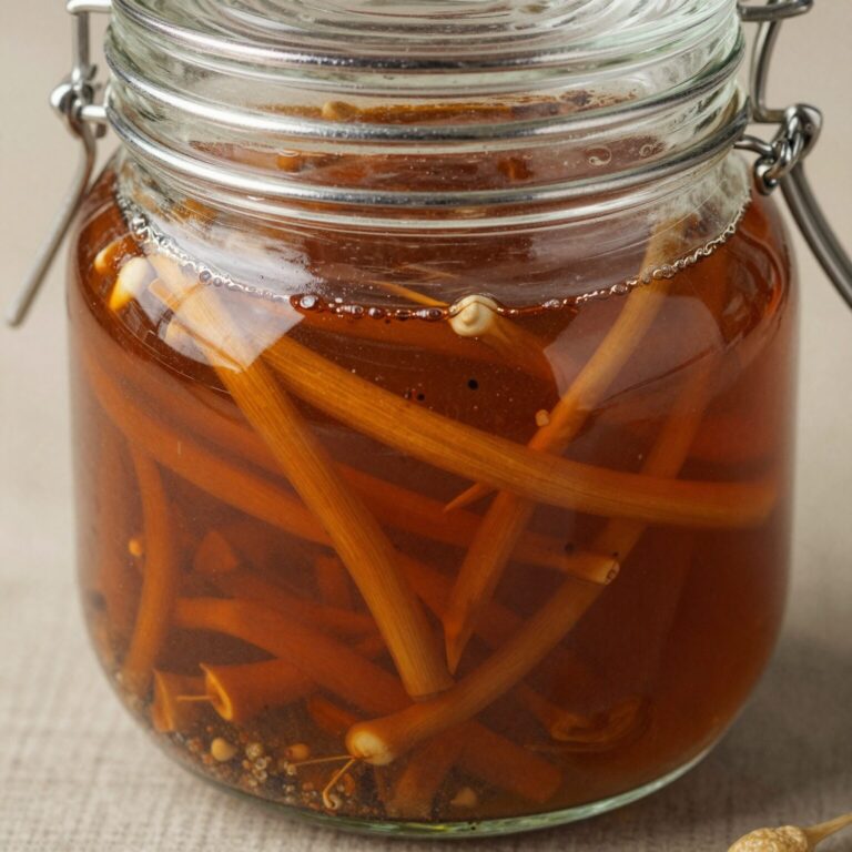 유리병에 담긴 갈색 간장물 속의 더덕순 장아찌